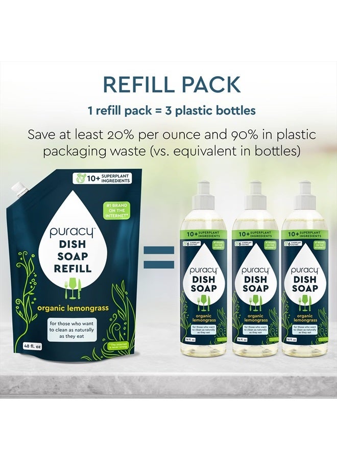 Natural Dish Soap Refill, Skin-Softening Plant-Based Liquid Dishwashing Detergent Soap, Clean-Rinsing Water-Sheeting Formula, (Organic Lemongrass 48 Oz)
