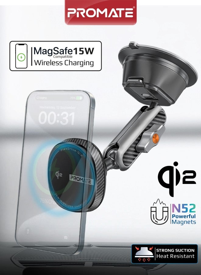 PROMATE FlexDrive-Qi2 Magnetic Wireless Car Charger Mount, 15W Qi2 MagSafe Phone Mount with Adjustable Arm, Charge Protection, FOD Safety,360° Rotation, Dashboard and Windshield Mounting for iPhone 17/17 Pro Max, Samsung S26 Ultra & Smartphones Black - Image 2