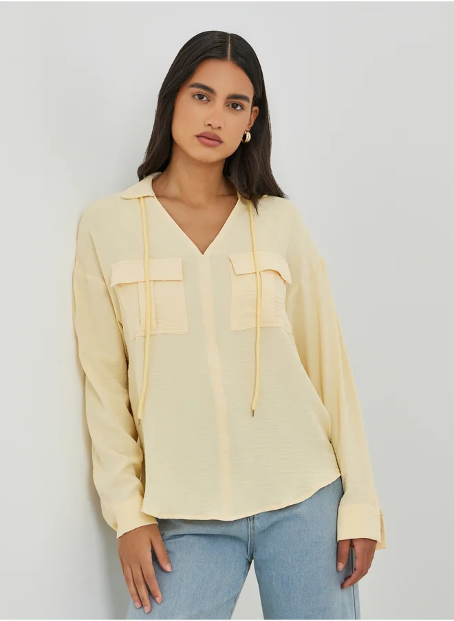 ستايلي Styli Solid V Neck Blouse with Utility Pockets