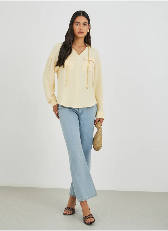 ستايلي Styli Solid V Neck Blouse with Utility Pockets