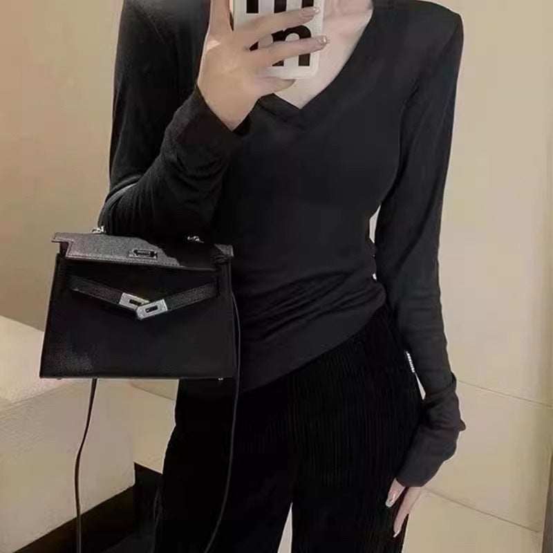 Shenzhen Nanyou Black V-Neck Base Shirt 2024 Early Autumn Solid Color Slim-Fit Slimming Micro-Transparent Long-Sleeved T-Shirt Top - Image 2
