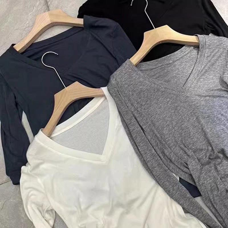 Shenzhen Nanyou Black V-Neck Base Shirt 2024 Early Autumn Solid Color Slim-Fit Slimming Micro-Transparent Long-Sleeved T-Shirt Top - Image 5