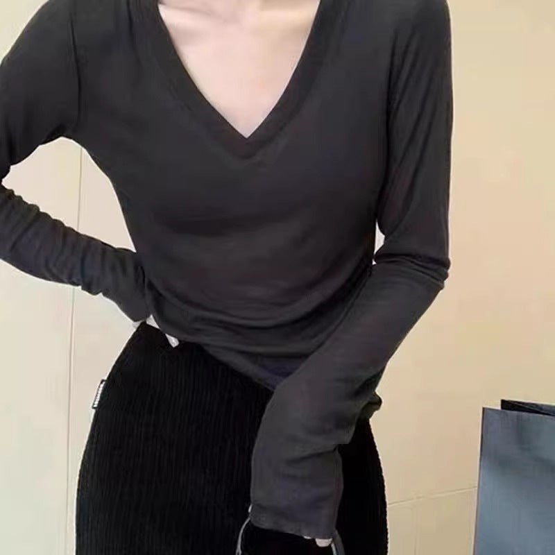 Shenzhen Nanyou Black V-Neck Base Shirt 2024 Early Autumn Solid Color Slim-Fit Slimming Micro-Transparent Long-Sleeved T-Shirt Top - Image 3