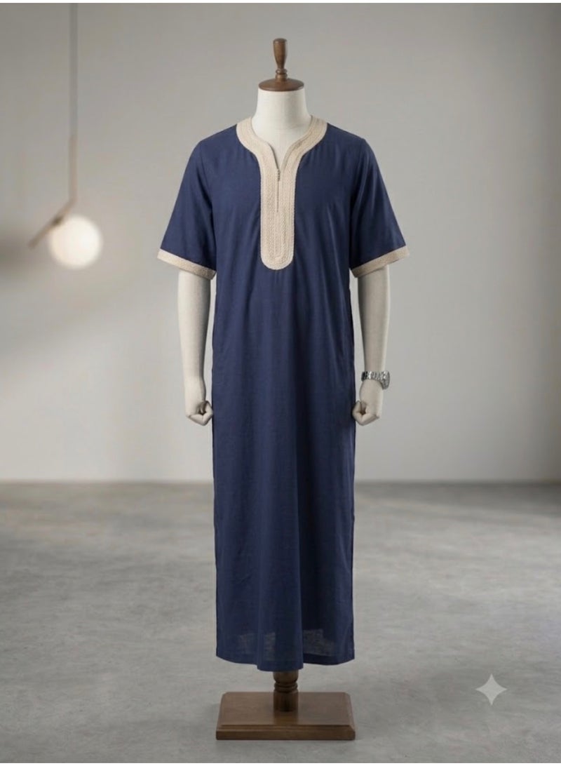 AMYAE Men's Round Neck Short Sleeve Jalabiya | Dark Blue | Free Size | Casual Islamic Thobe - Image 4