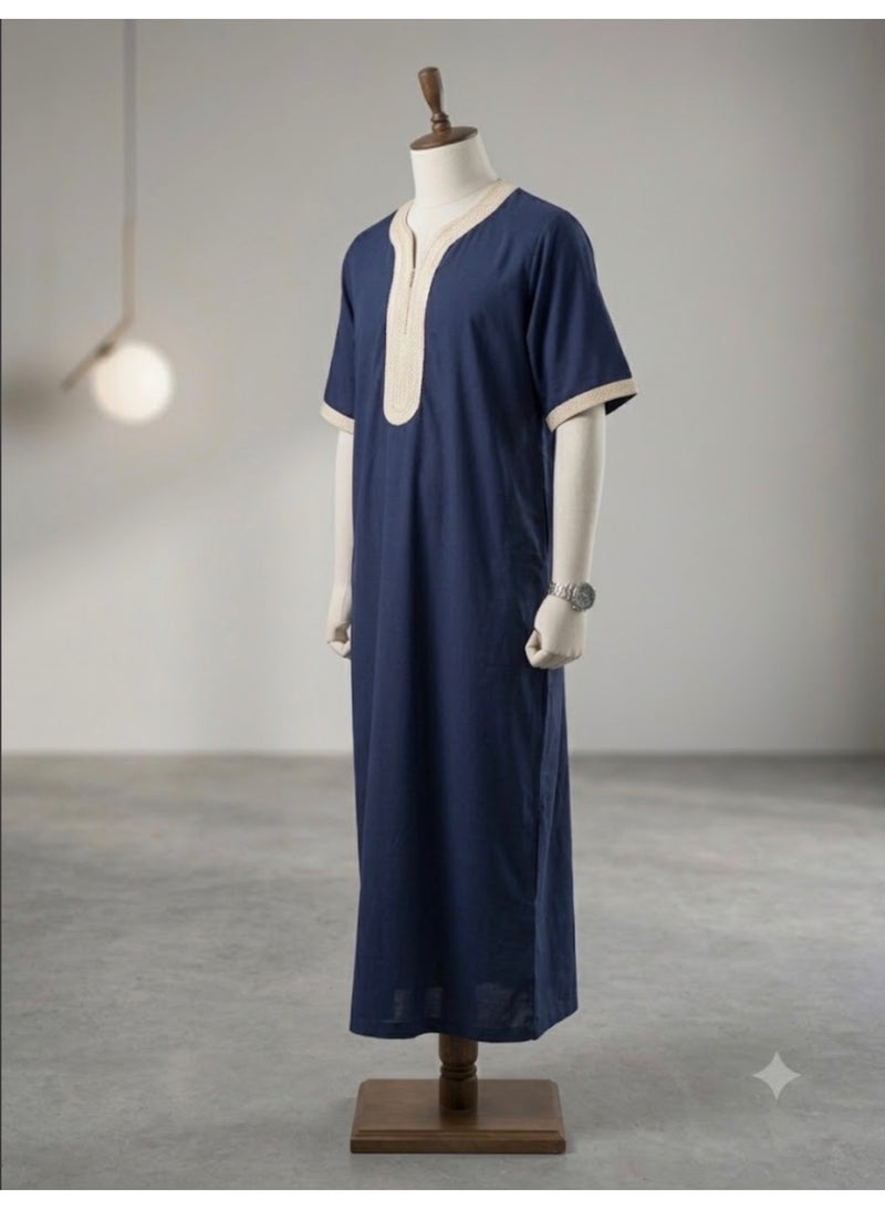 AMYAE Men's Round Neck Short Sleeve Jalabiya | Dark Blue | Free Size | Casual Islamic Thobe - Image 3