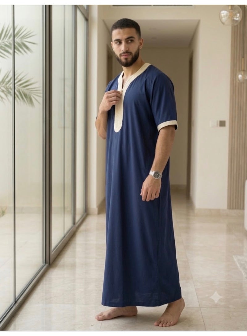 AMYAE Men's Round Neck Short Sleeve Jalabiya | Dark Blue | Free Size | Casual Islamic Thobe - Image 2