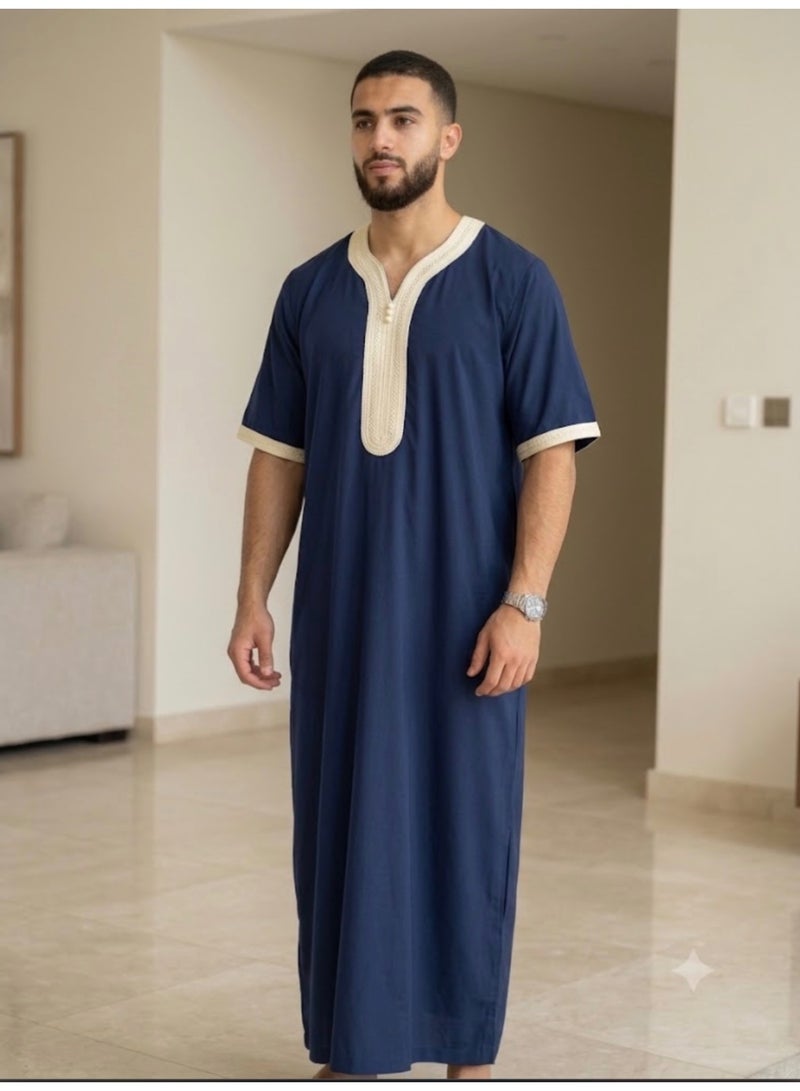 AMYAE Men's Round Neck Short Sleeve Jalabiya | Dark Blue | Free Size | Casual Islamic Thobe - Image 1