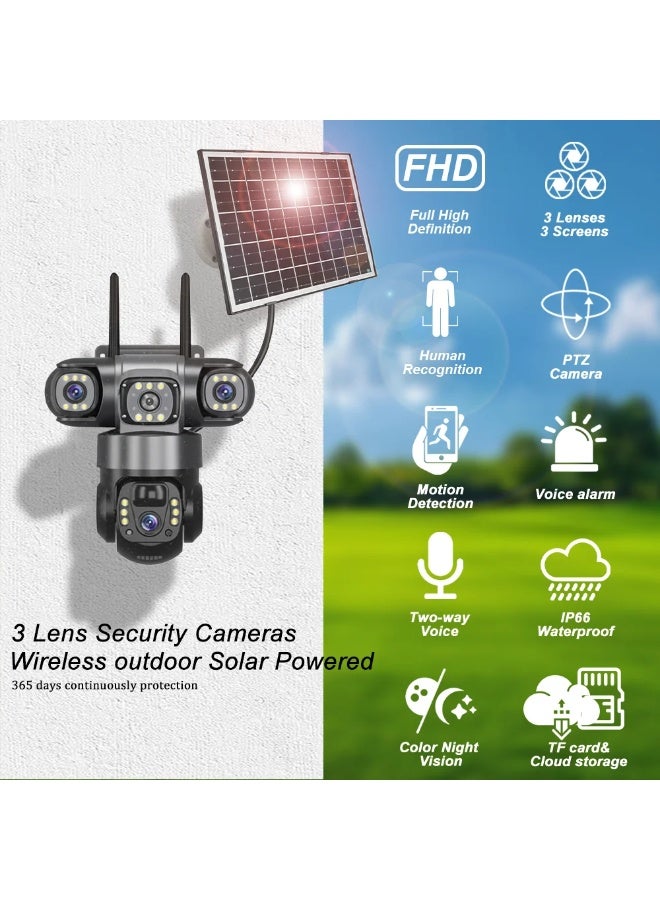 جيفت إت! كاميرا تعمل بالطاقة الشمسية 4G Sim خارجية 3 عدسات 3 شاشات تكبير 10 مرات PIR كاميرات كشف الإنسان مقاومة للماء رؤية ليلية CCTV حماية أمنية - Image 4