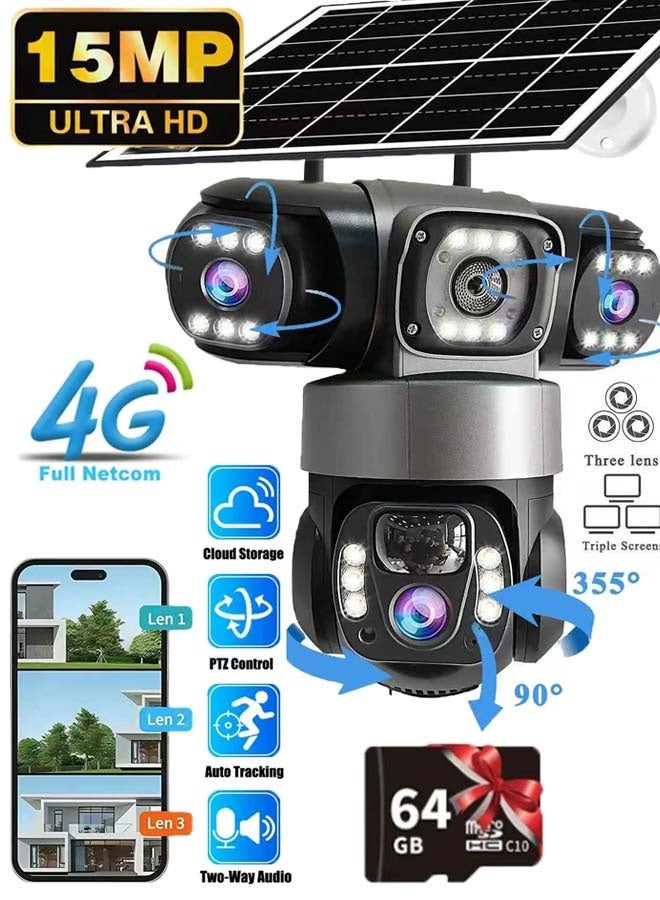 جيفت إت! كاميرا تعمل بالطاقة الشمسية 4G Sim خارجية 3 عدسات 3 شاشات تكبير 10 مرات PIR كاميرات كشف الإنسان مقاومة للماء رؤية ليلية CCTV حماية أمنية - Image 1