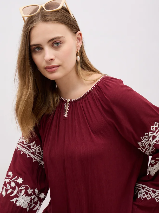 Styli Styli Embroidered Keyhole Neck Blouse with Balloon Sleeves
