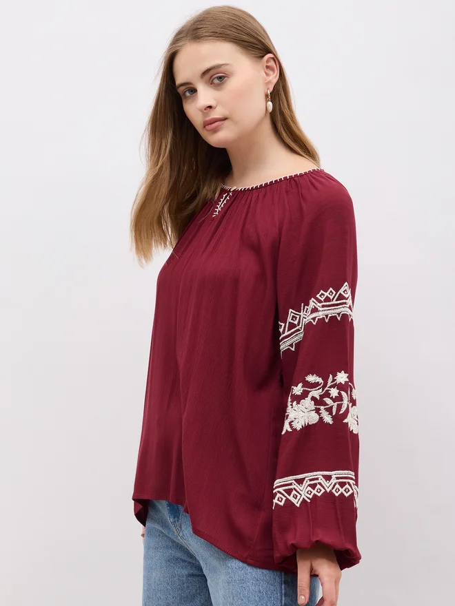 Styli Styli Embroidered Keyhole Neck Blouse with Balloon Sleeves
