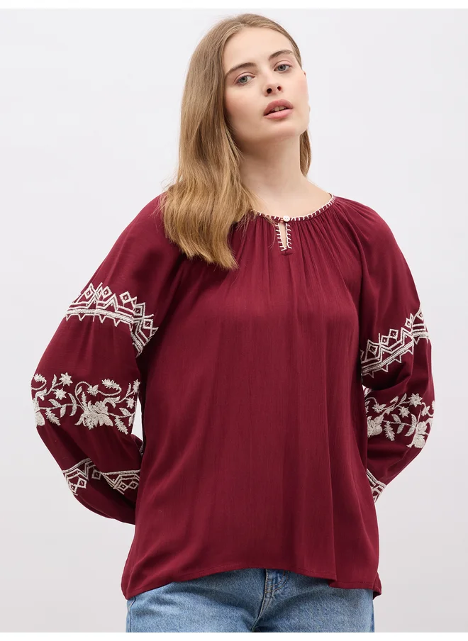 ستايلي Styli Embroidered Keyhole Neck Blouse with Balloon Sleeves