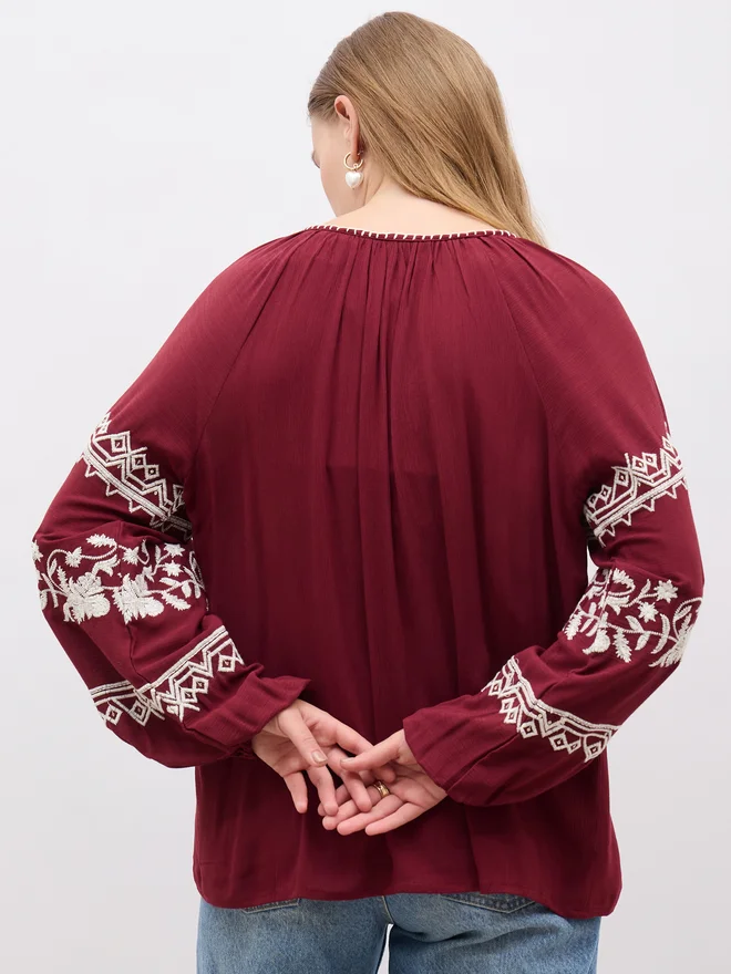 Styli Styli Embroidered Keyhole Neck Blouse with Balloon Sleeves