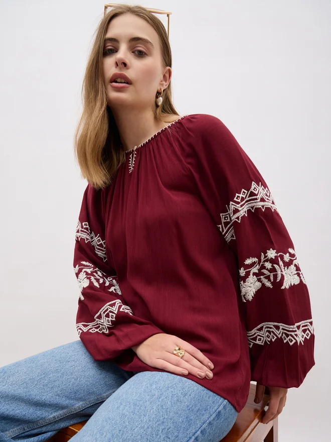 Styli Styli Embroidered Keyhole Neck Blouse with Balloon Sleeves