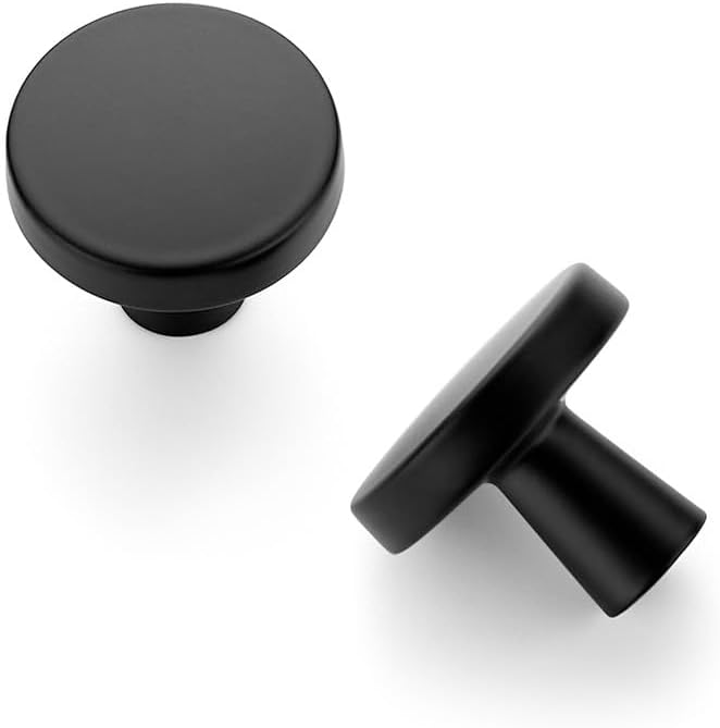 JOY DECOR 5 Pack Kitchen Cabinet Knobs Solid Drawer Knobs Dresser Knobs 1-1/4 Inch Drawer Pulls Matte Black Cabinet Hardware for Dresser Drawers Round Cabinet Door Knobs Simple Drawer Handles - Image 1