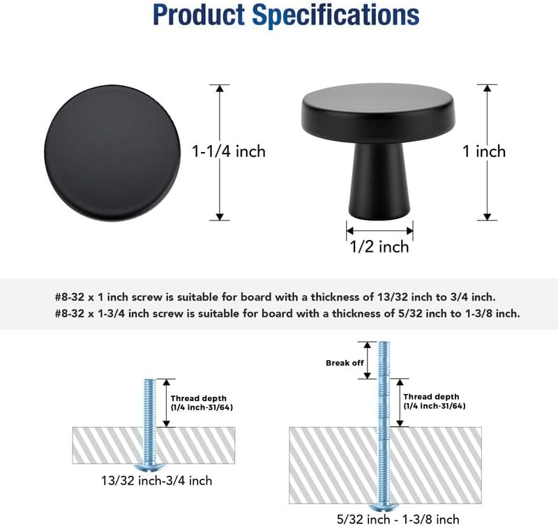 JOY DECOR 5 Pack Kitchen Cabinet Knobs Solid Drawer Knobs Dresser Knobs 1-1/4 Inch Drawer Pulls Matte Black Cabinet Hardware for Dresser Drawers Round Cabinet Door Knobs Simple Drawer Handles - Image 3