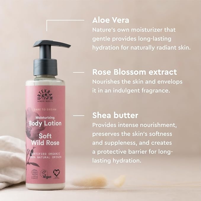 Urtekram Body Lotion Moisturizing Wild Rose 245 ml Vegan Organic Natural Origin - Image 5
