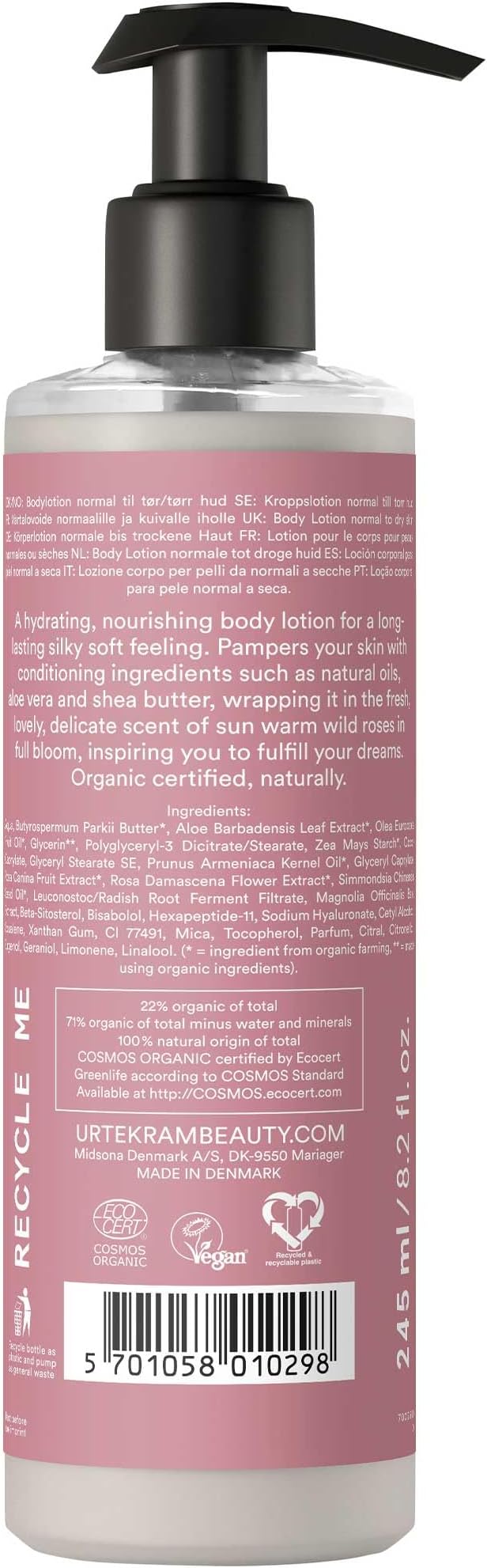 Urtekram Body Lotion Moisturizing Wild Rose 245 ml Vegan Organic Natural Origin - Image 2