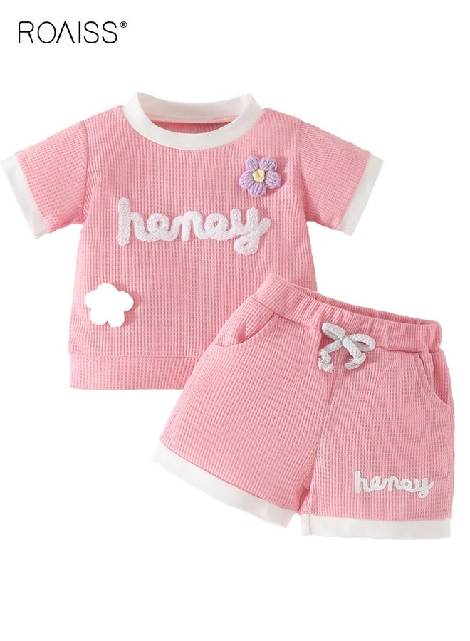 رويس طقم تي شيرت وشورت بنات، ملابس صيفية بتصميم رائع، طقم ملابس كاجوال من قطعتين مع بلوزة بأكمام قصيرة وبنطال قصير برباط، مناسب للعطلات والسفر والشاطئ والجري والملابس اليومية - Image 1