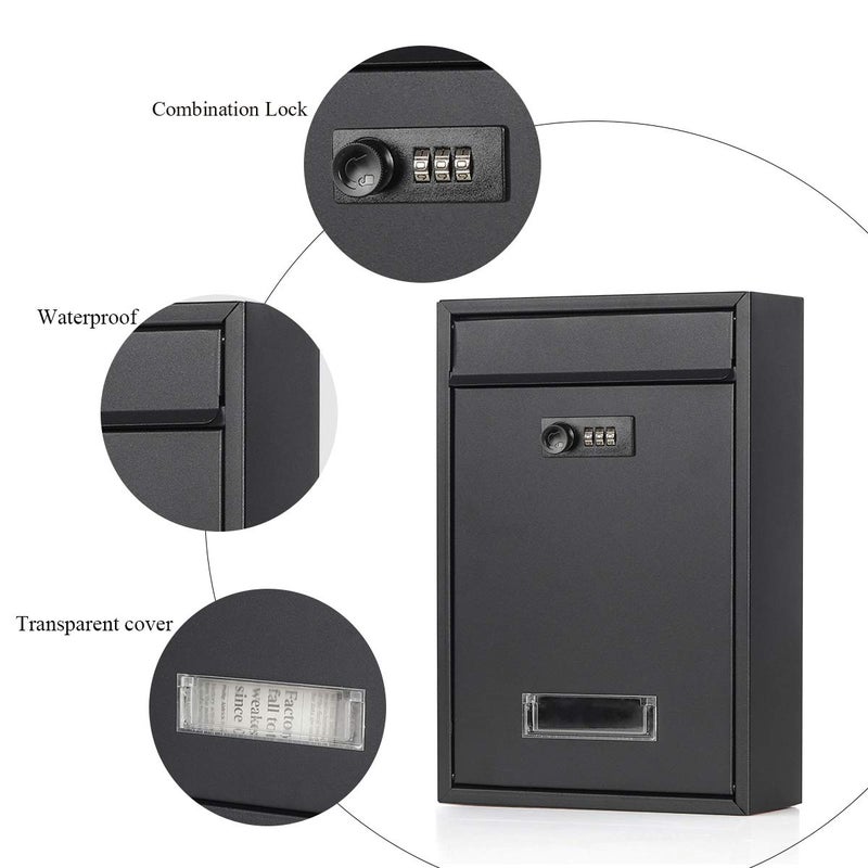 Jssmst Locking Mailbox Wall Mounted Vertical- Jssmst Mail Boxes with Combination Lock Large Capacity, 12.6 x 8.46 x 3.35 Inch, Black Matt - Image 4