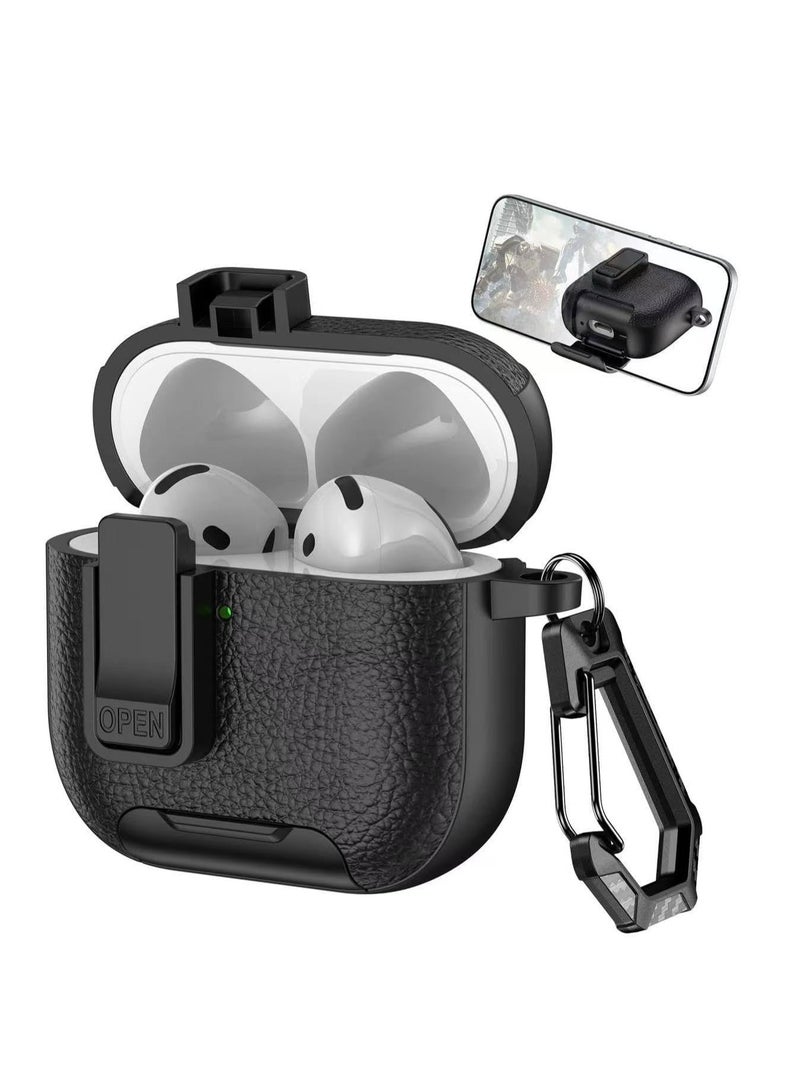 AirPods 4 Case with Phone Stand, Secure Lock Design Silicone Protection with Leather Texture for Airpod 4 (Black Black) - Image 1