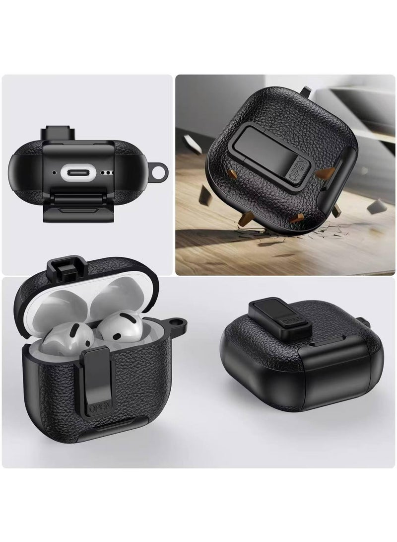 AirPods 4 Case with Phone Stand, Secure Lock Design Silicone Protection with Leather Texture for Airpod 4 (Black Black) - Image 5