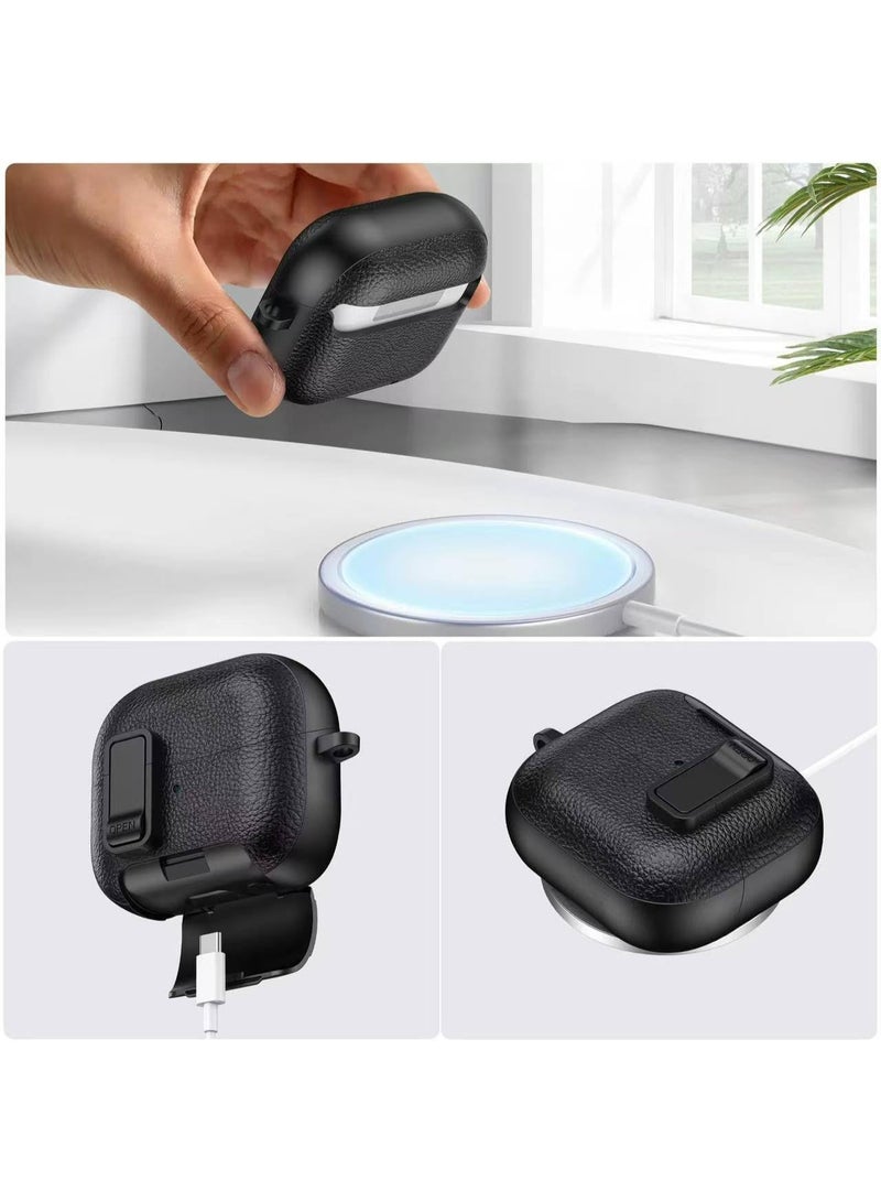 AirPods 4 Case with Phone Stand, Secure Lock Design Silicone Protection with Leather Texture for Airpod 4 (Black Black) - Image 2