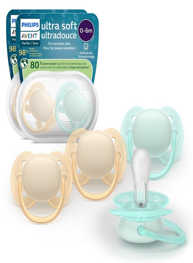 Avent Philips Avent Ultra Soft Pacifiers - Orthodontic Design, for Babies 0-6 Months, Flexible Shield, Silicone Symmetrical Nipple, BPA-Free, 2 Sterilizing Cases, 4 Pack, SCF091/48 - Image 1
