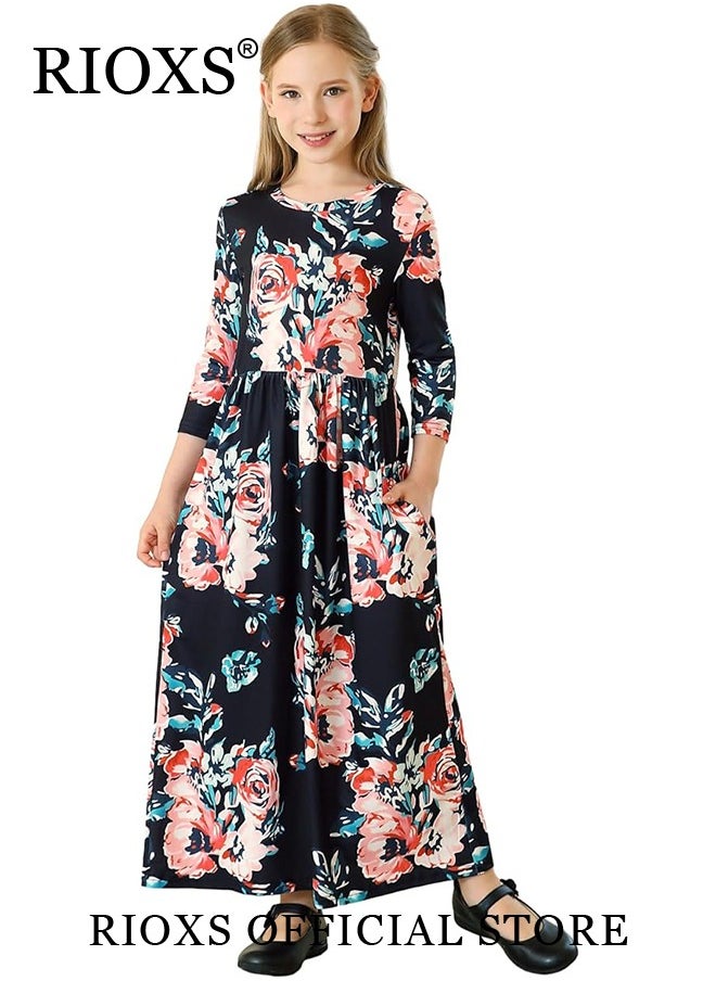 RIOXS Toddler Girls Long Sleeve Maxi Dress Round Neck Floral Printed Dresses Casual Loose Long Dress With Pockets  - Image 2
