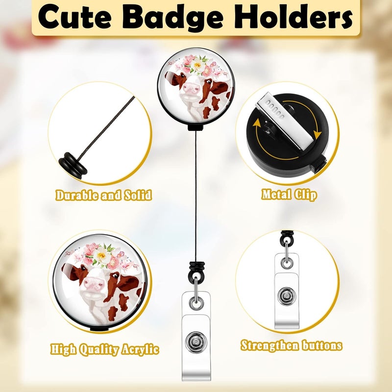 Pajean 6 Pieces Cow Badge Reels Cute Retractable Nurse Badge Holder Pulls with Clip Funny Name Tag Reel Clip for Name ID Tag Nurse Doctor Teacher Student - Image 3