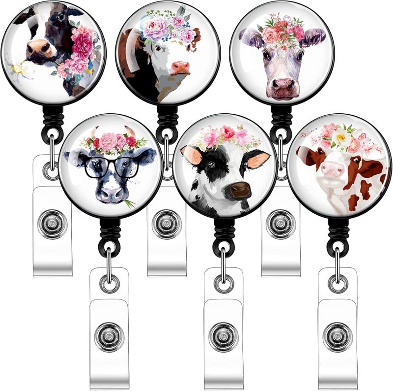 Pajean 6 Pieces Cow Badge Reels Cute Retractable Nurse Badge Holder Pulls with Clip Funny Name Tag Reel Clip for Name ID Tag Nurse Doctor Teacher Student - Image 1