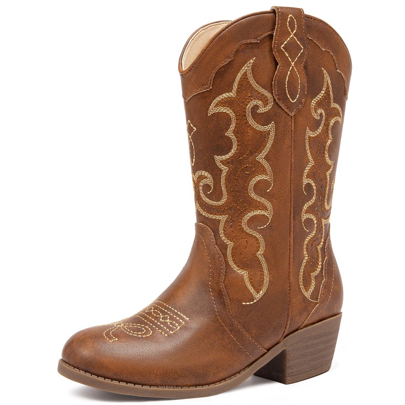 LAURMOSA Cowboy Boots for Girls Dress Cowgirl Brown Kids Western Dressy Cowboy Boots Size 2 Ponited Toe Big Girls Cowgirl Embroidered Horseback Riding Party Shoes(L1052Brown 2) - Image 1