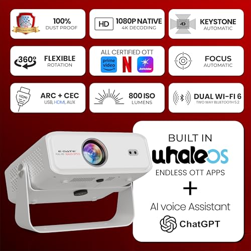 E Gate Duster 8X Projector 4k Ultra HD | Official Netflix, Prime, Sony | 100% DustFree & Certified Android Whale OS | 8X Brighter, 1080p Native, Fully Automatic, HDMI-ARC, Chat GPT Voice Remote, EGATE - Image 4