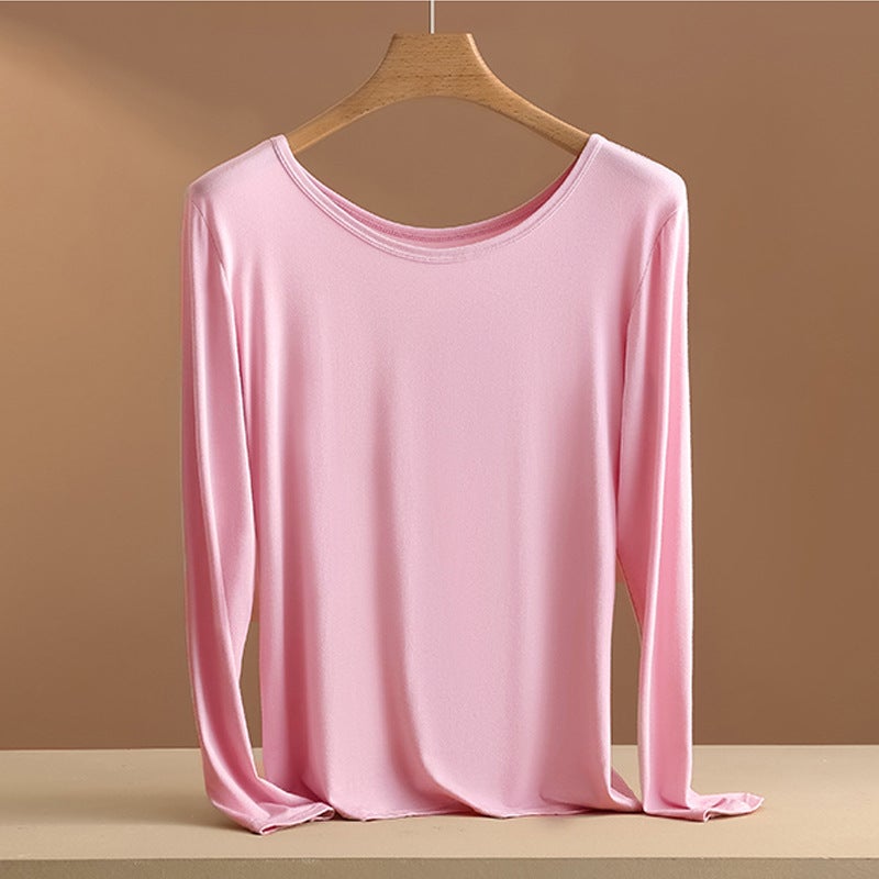 Womens Round Neck Inner Base Shirt for Autumn and Winter plus size Thin Autumn Clothes Solid Color Underwear Long-sleeved T-shirt for Women 3195# lotus root powder 