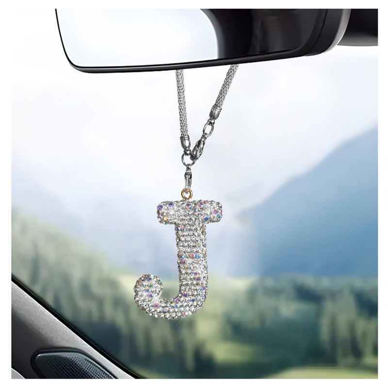 DXNQ Bling Initial Car Rear View Mirror Ornament Crystal Sparkling Cute Letter Charm Pendant Auto Decor Hanging Lucky Diamond Initial Charm Car Mirror Bag Ornament for Girl Women Letter J - Image 3