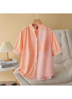 T5 Plus Size Women's Summer New Chubby Girl Slimming Loose Striped V-neck Washed Cotton Short-sleeved Shirt Top 24