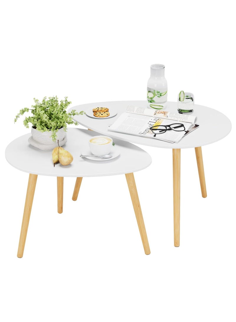 DubaiGallery طقم من 2 طاولة قهوة طاولة جانبية بيضاء صغيرة مع أرجل قوية طاولة مثلثية متداخلة لغرفة المعيشة - Image 2