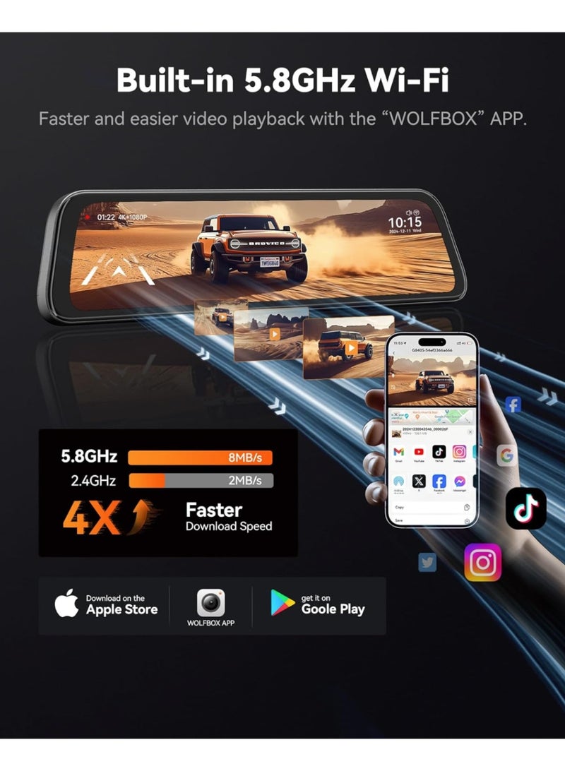 وولف بوكس كاميرا احتياطية للوحة القيادة من وولف بوكس ​​G840S، 12 بوصة، بدقة 4K، ومرآة رؤية خلفية ذكية بتردد 5.8 جيجاهرتز، مزودة بخاصية واي فاي للسيارات والشاحنات، وكاميرات مزدوجة للرؤية الأمامية والخلفية، ورؤية ليلية، ومساعدة في ركن السيارة، وبطاقة ذاكرة 32 جيجابايت، ونظام تحديد المواقع العالمي (GPS). - Image 3