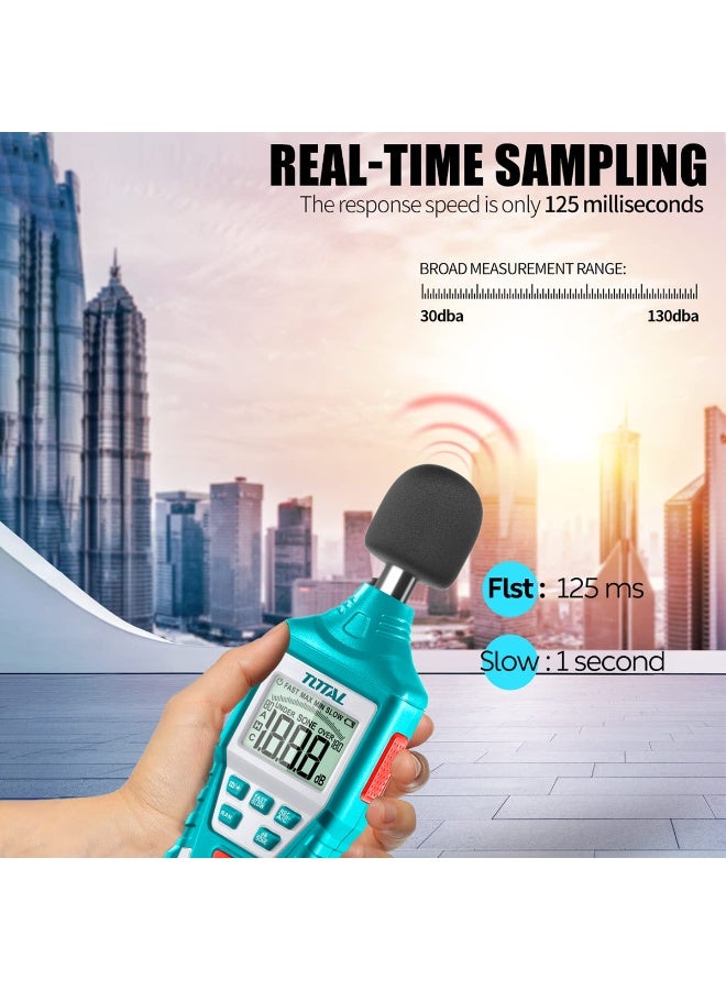 توتال جهاز قياس مستوى الصوت الرقمي 30-130 ديسيبل، جهاز اختبار الضوضاء بشاشة LCD بإضاءة خلفية، استجابة سريعة/بطيئة، وظيفة تثبيت القيمة القصوى/الدنيا، نطاق تلقائي/يدوي، كاشف عالي الدقة بوحدة dBA للاستخدام في المكاتب والمصانع والمدارس والمنازل. - Image 5