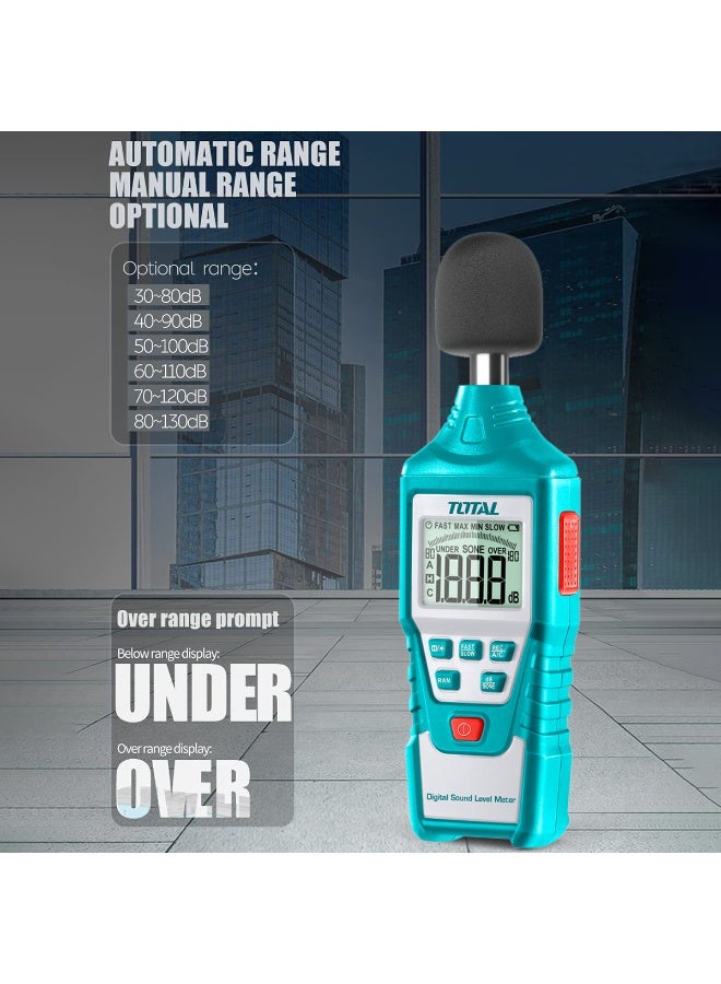 توتال جهاز قياس مستوى الصوت الرقمي 30-130 ديسيبل، جهاز اختبار الضوضاء بشاشة LCD بإضاءة خلفية، استجابة سريعة/بطيئة، وظيفة تثبيت القيمة القصوى/الدنيا، نطاق تلقائي/يدوي، كاشف عالي الدقة بوحدة dBA للاستخدام في المكاتب والمصانع والمدارس والمنازل. - Image 4