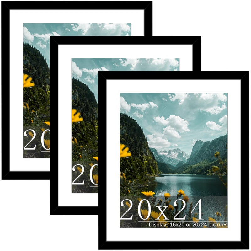 Picrit 20x24 Picture Frame 3 Pack, Black Poster Frame, Display Poster 16 x 20 with Mat or 20 x 24 without Mat for Horizontal or Vertical Wall Mounting - Image 1