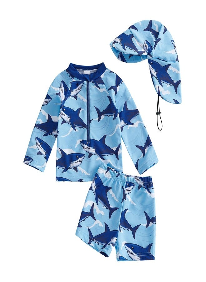 Multitrust Baby Boy Long Sleeve Swimsuit Rash Guard and Trunk Set Bathing Suit with Hat Toddler Boys Beach Swimwear Sunsuit (Shark Blue, 18-24 Months) - Image 1