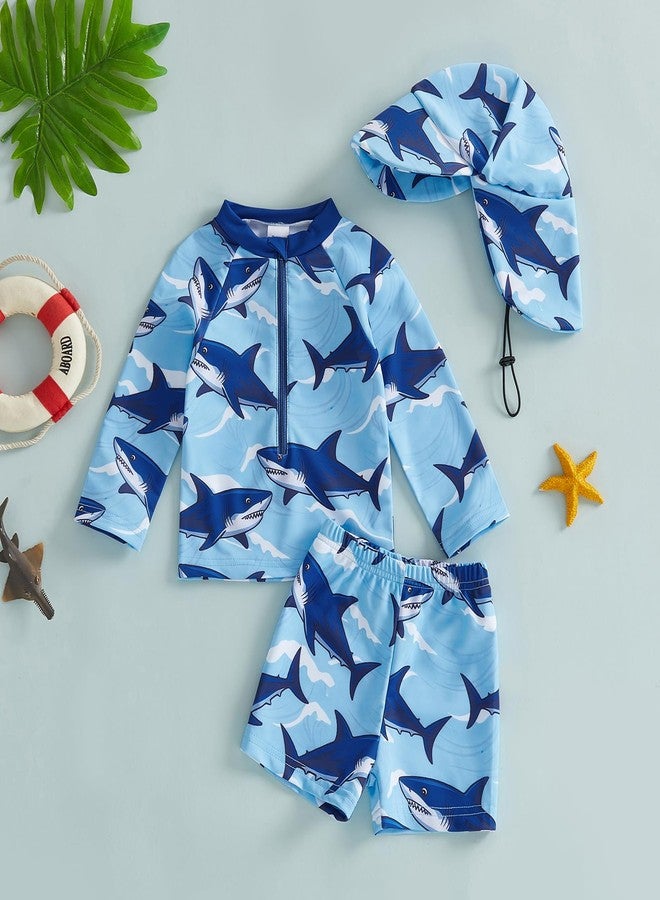 Multitrust Baby Boy Long Sleeve Swimsuit Rash Guard and Trunk Set Bathing Suit with Hat Toddler Boys Beach Swimwear Sunsuit (Shark Blue, 18-24 Months) - Image 2