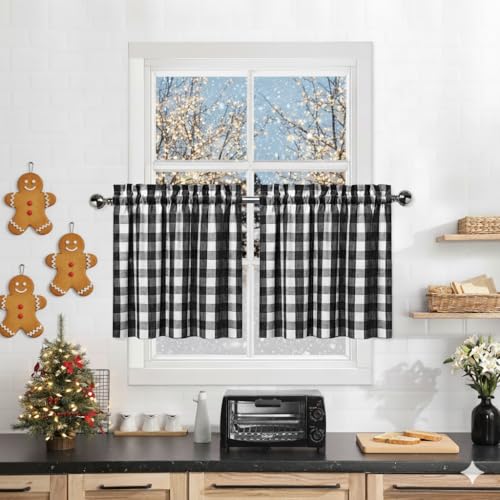 Bapawfish Black and White Farmhouse Gingham Tiers Kitchen Curtains 24 Inches Long, Buffalo Plaid Check Half Window Cafe Curtains for Kitchen Bathroom, 28" x 24", Black/White, Set of 2 - Image 1