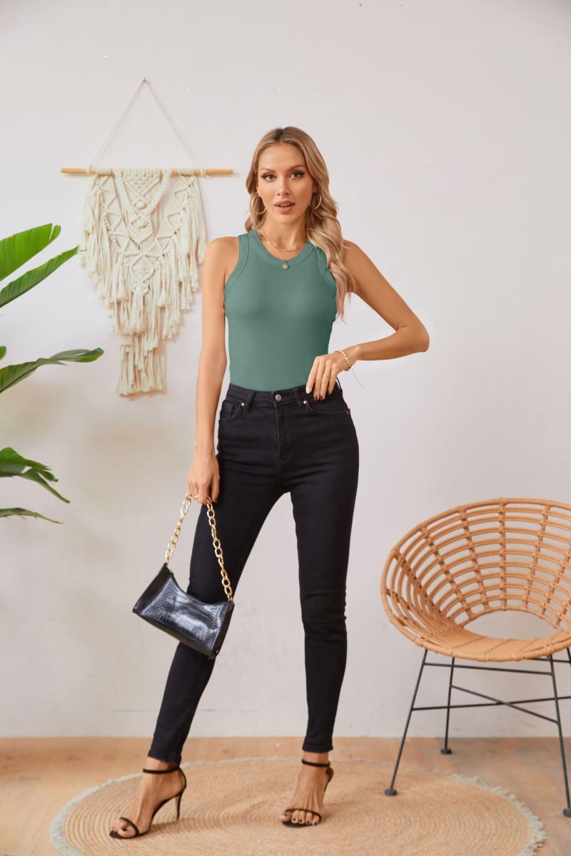 VICHYIE Summer Tanks for Women Sleeveless Tops Cami Top Shirt Ribbed Racerback Blouses Tee Green Large - Image 5