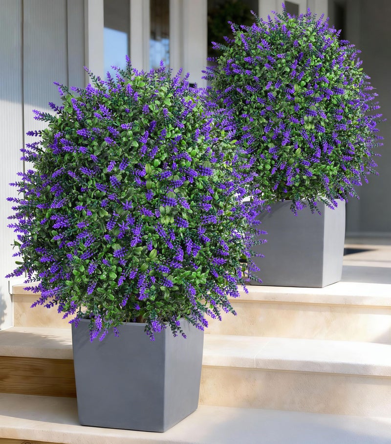 HyeFlora 26'' Artificial Boxwood Topiary Trees with Lavender Flowers 2 Pack Fake Plants for Outdoor Indoor Artificial Shrubs with Metal Ground Spike UV Resistant Fake Bushes for Front Porch Garden, Purple - Image 1