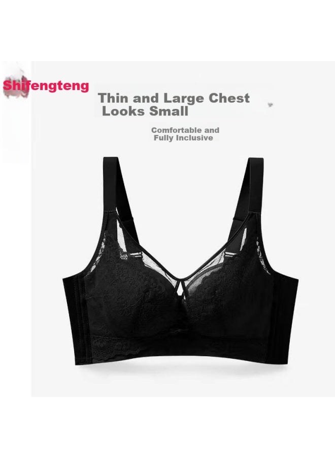 Fenton Fenteng Push-up Lace Bra Without Underwire For Big Busts, Anti-sagging And Small Chest Enhancement, Black, 75b - Image 1