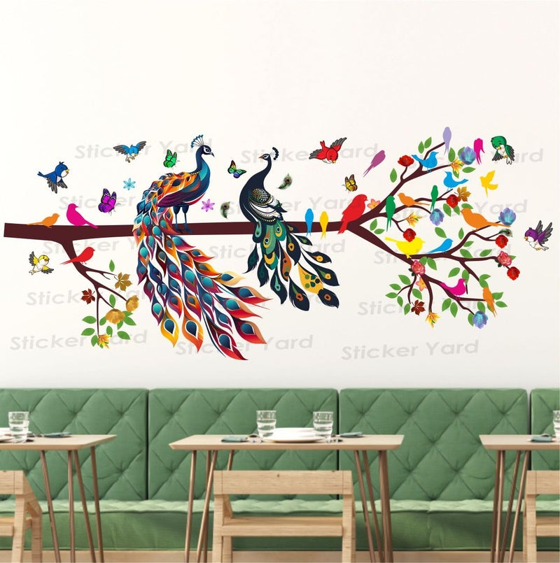 Sticker Yard StickerYard PVC Vinyl Tree Peacock Branch Leaves Birds Self-Adhesive Wall Sticker for Home Decor/Decoration - Living Room, Bedroom, Kids Room (Multicolor, Size: 53X121 Cm) - Image 1