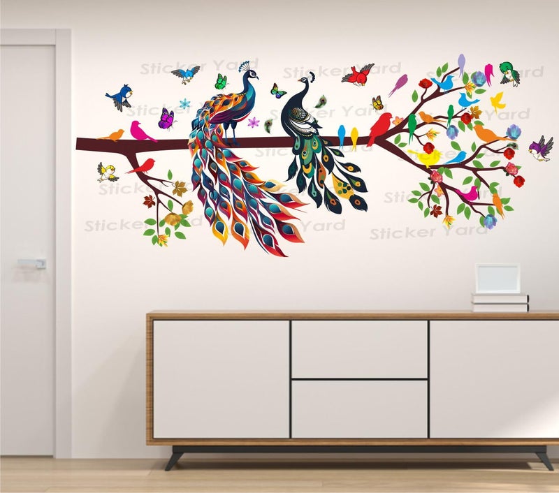 Sticker Yard StickerYard PVC Vinyl Tree Peacock Branch Leaves Birds Self-Adhesive Wall Sticker for Home Decor/Decoration - Living Room, Bedroom, Kids Room (Multicolor, Size: 53X121 Cm) - Image 3