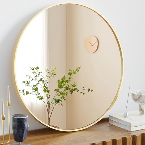 NEWBULIG Round Bathroom Mirror for Over Sink, 24 Inch Wall Mount Vanity Circle Mirror with Matte Metal Framed, Decor for Bathroom, Entryway, Bedroom, Gold - Image 1
